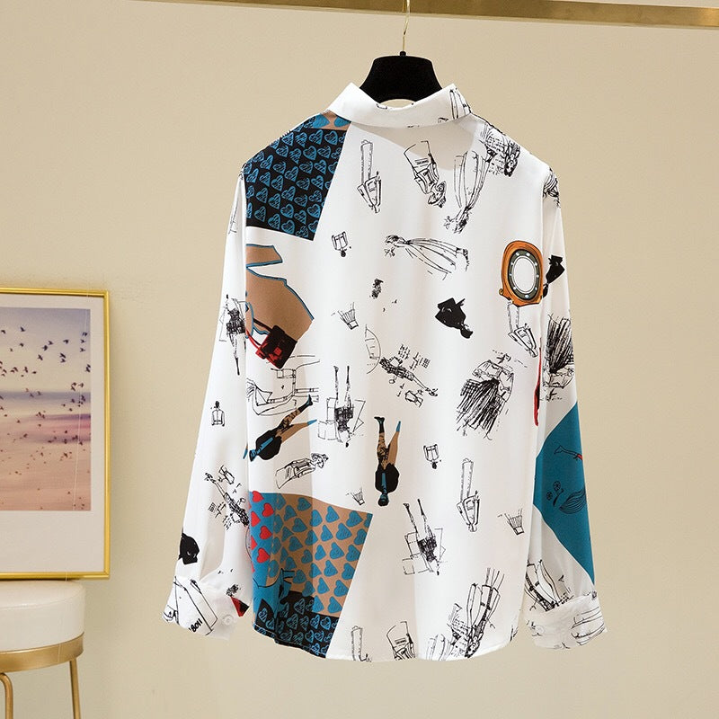 Cartoon Motif Prints Vintage Style Satin Soft Silky Shirt