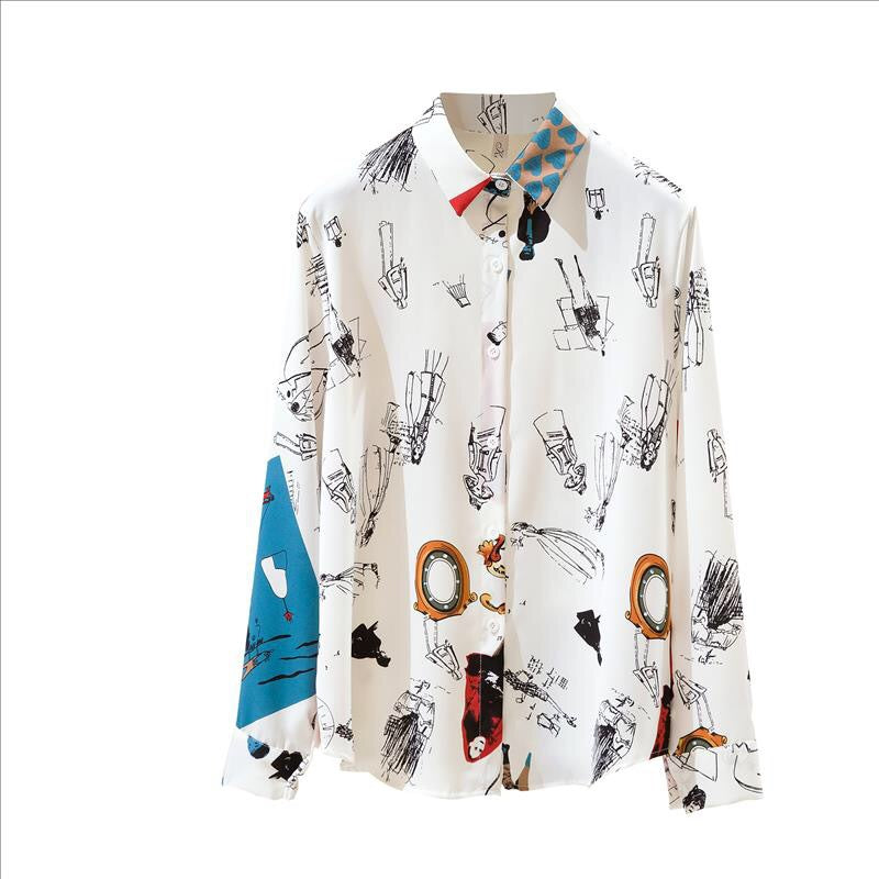 Cartoon Motif Prints Vintage Style Satin Soft Silky Shirt