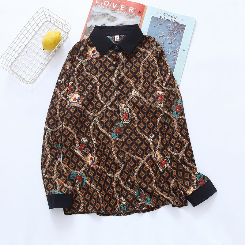 Brown Chain Motif Print Flowers Vintage Style Satin Soft Silky Shirt