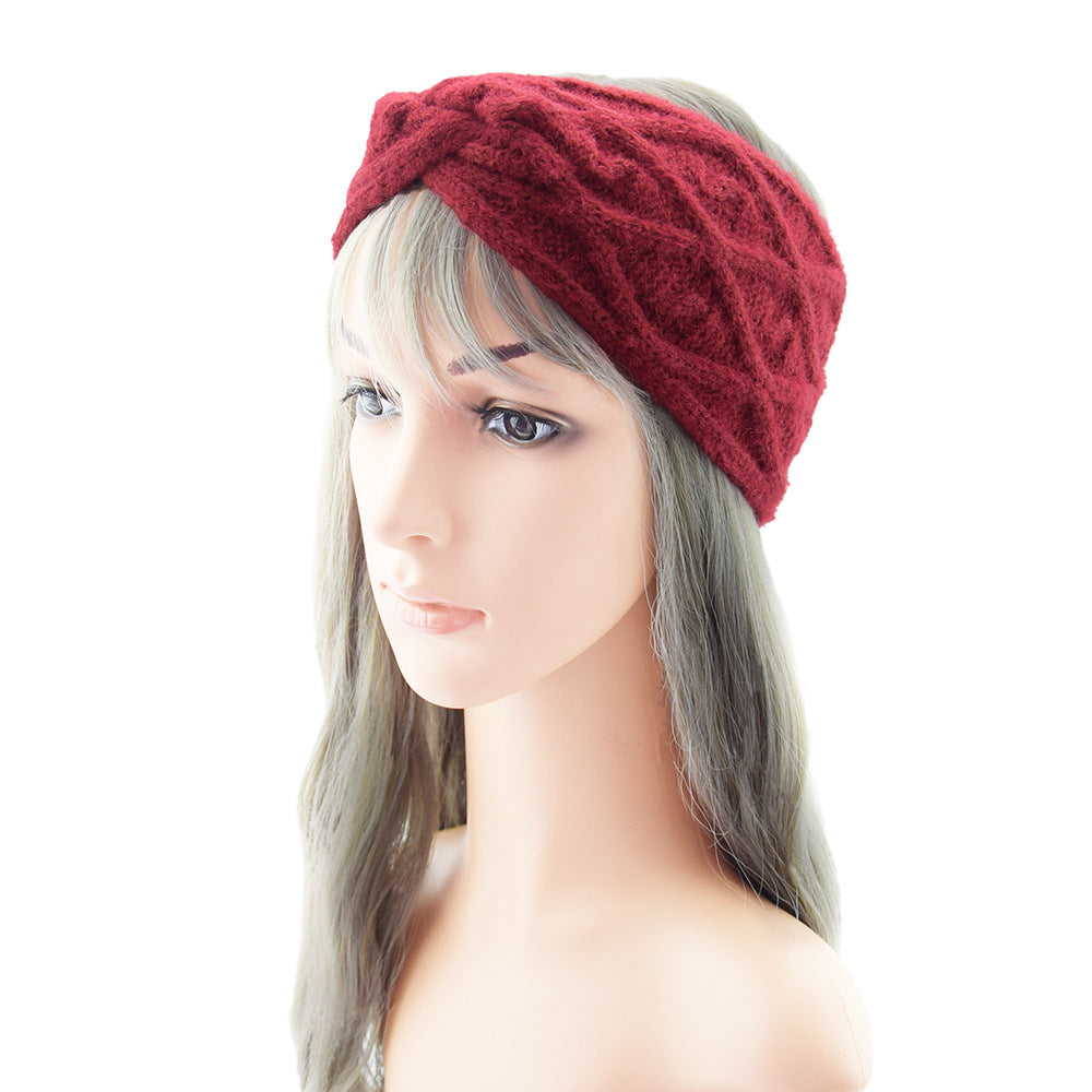 Grid Fluffy Thick Twisted Knitted Braids Wide Headband Head Wrap Elastic Wool Ear Hairband Turban