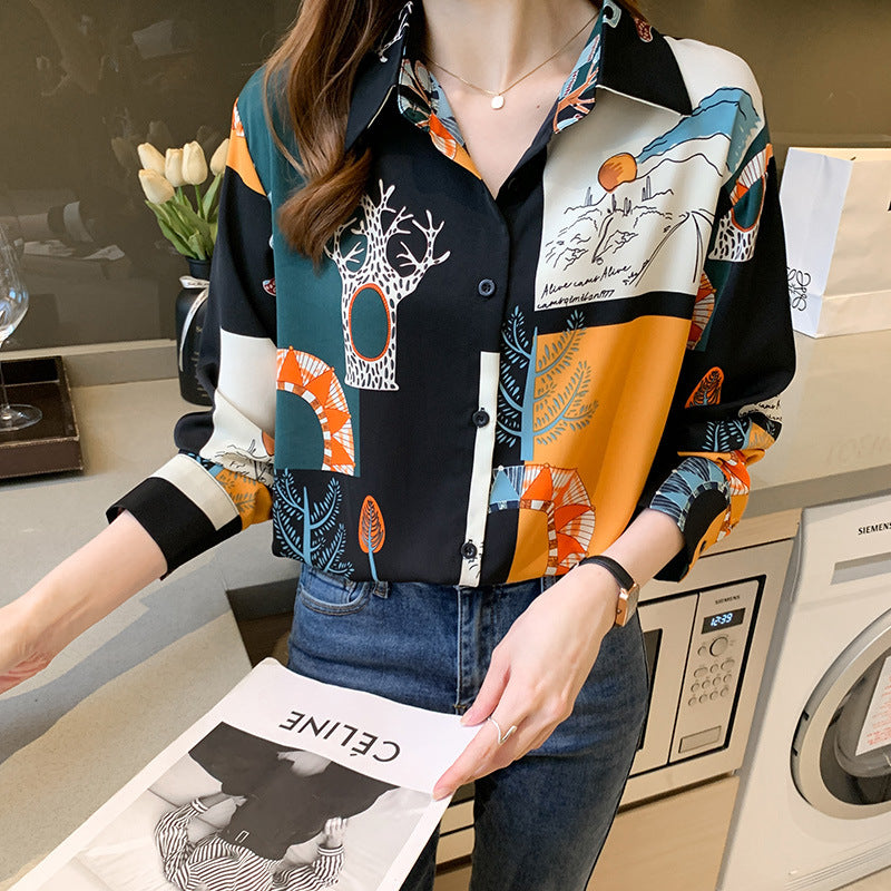 Trees Contrast Colors Vintage Style Satin Soft Silky Shirt
