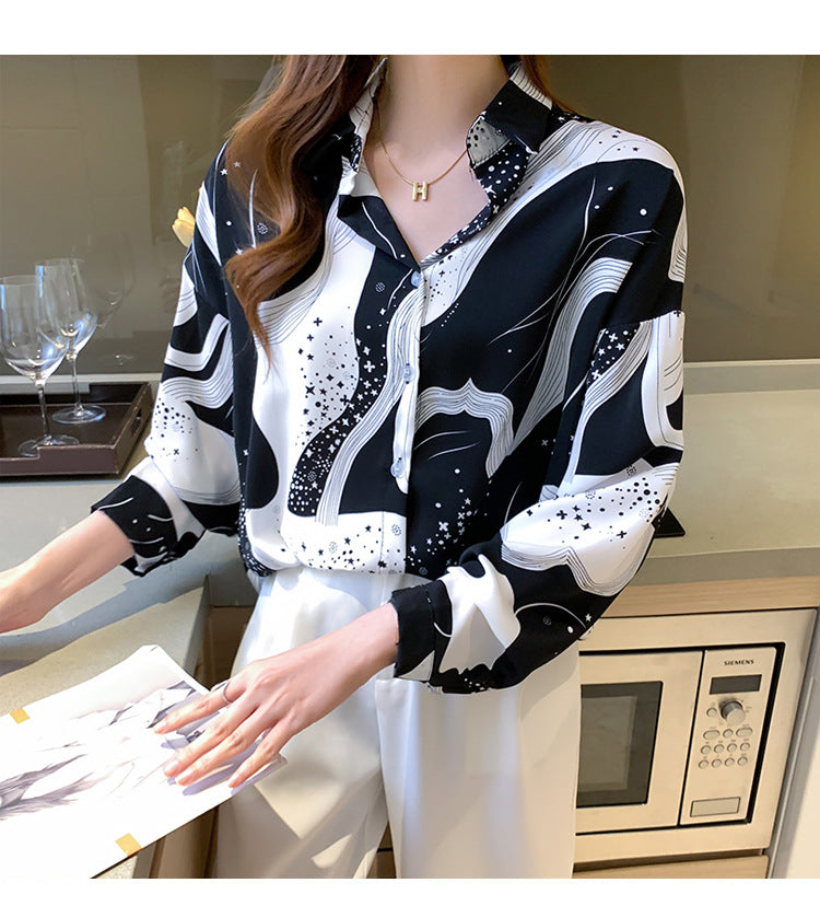 Stars Space Black White Vintage Style Satin Soft Silky Shirt