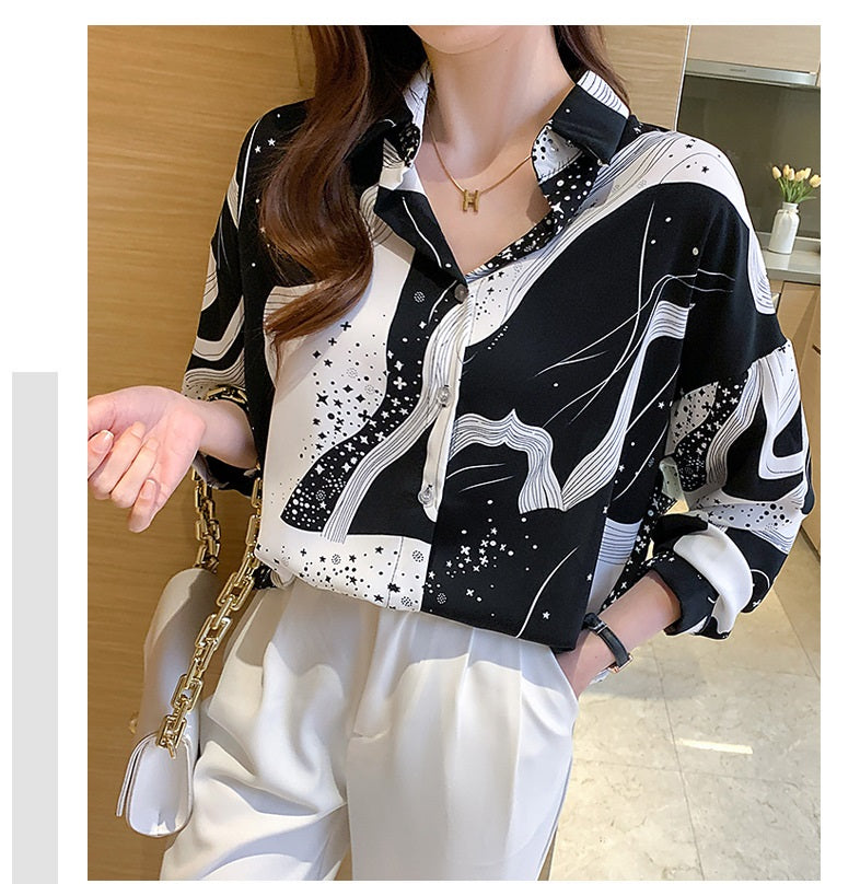 Stars Space Black White Vintage Style Satin Soft Silky Shirt