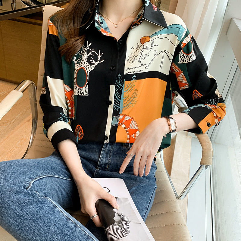 Trees Contrast Colors Vintage Style Satin Soft Silky Shirt