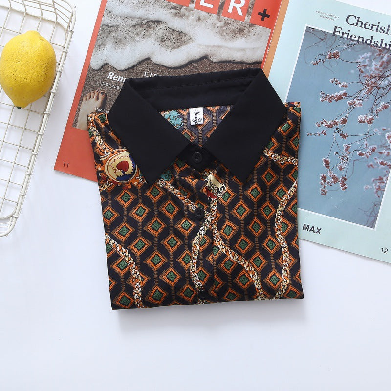 Brown Chain Motif Print Flowers Vintage Style Satin Soft Silky Shirt