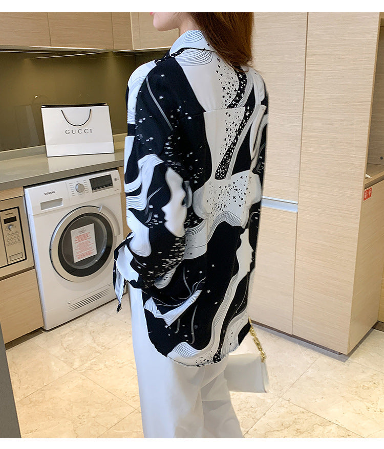 Stars Space Black White Vintage Style Satin Soft Silky Shirt