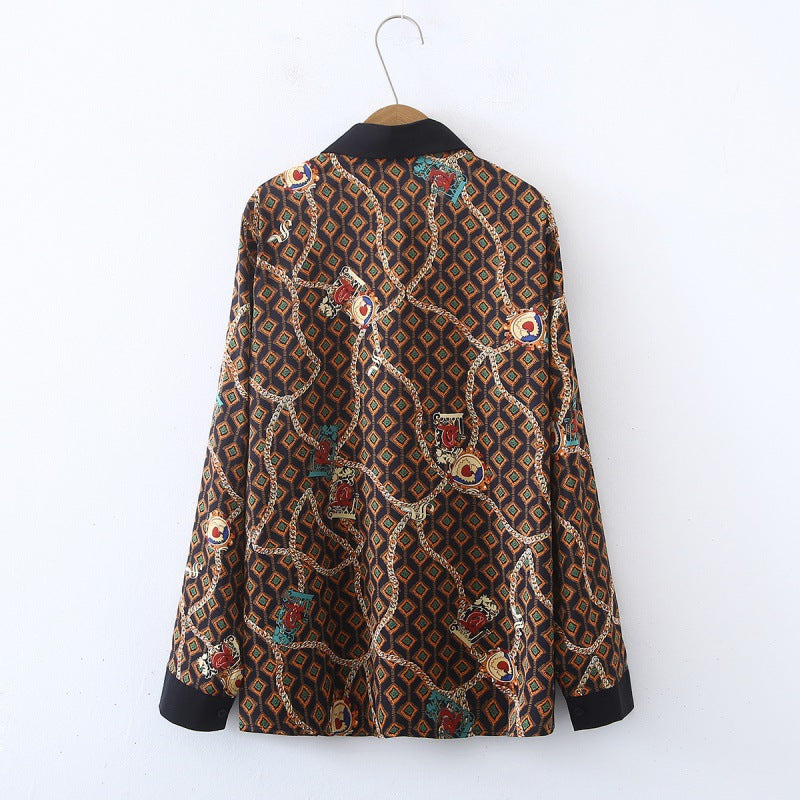 Brown Chain Motif Print Flowers Vintage Style Satin Soft Silky Shirt