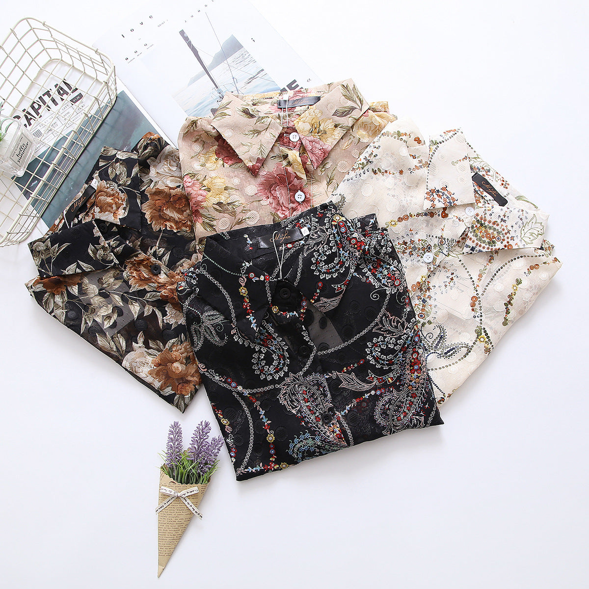 Cream Black Floral Print Flowers Vintage Style Semi Transparent Satin Soft Silky Shirt