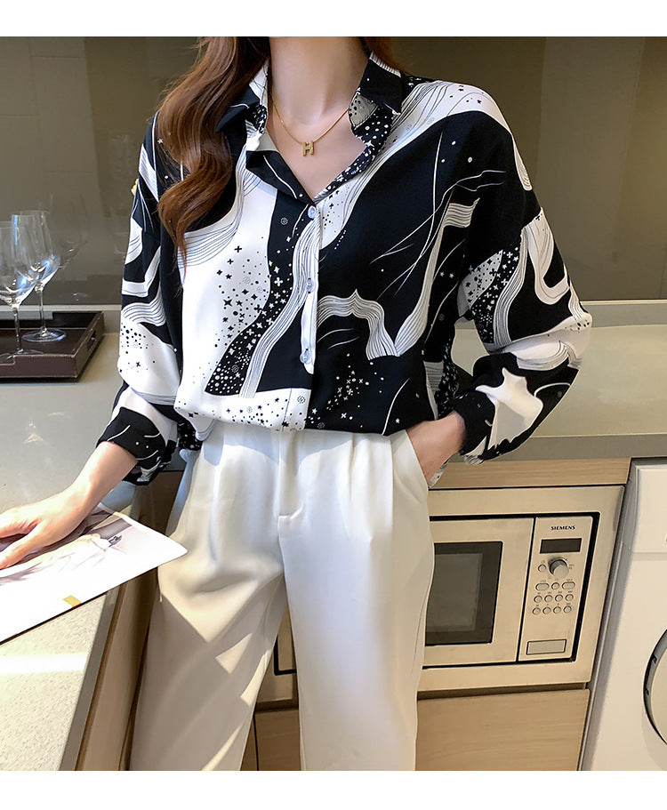 Stars Space Black White Vintage Style Satin Soft Silky Shirt