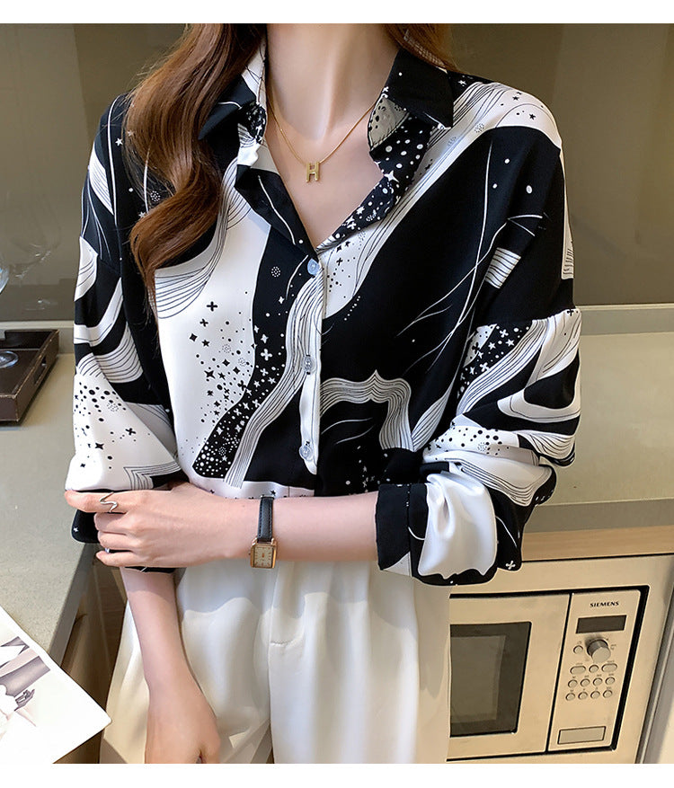 Stars Space Black White Vintage Style Satin Soft Silky Shirt