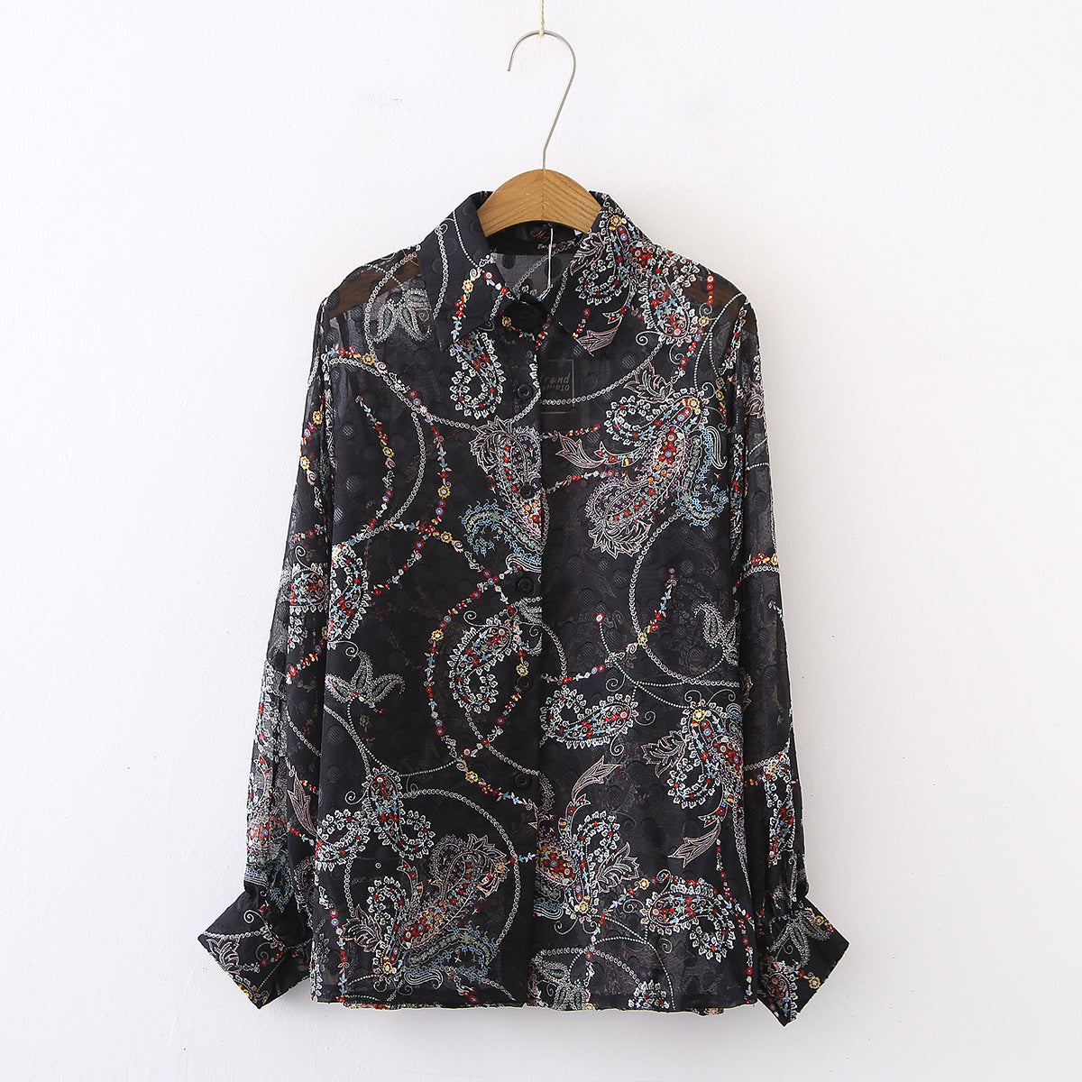 Cream Black Floral Print Flowers Vintage Style Semi Transparent Satin Soft Silky Shirt