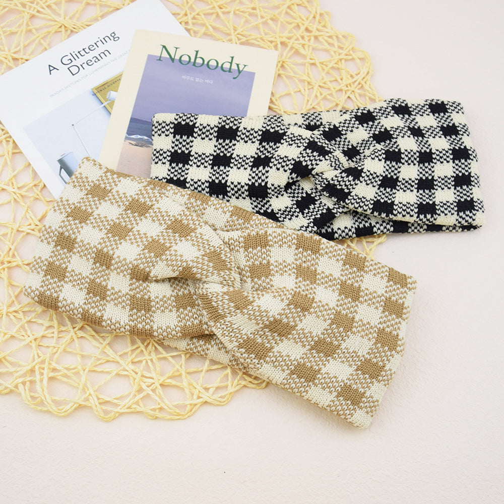 Thick Check Twisted Knitted Braids Wide Headband Head Wrap Elastic Wool Ear Hairband Turban