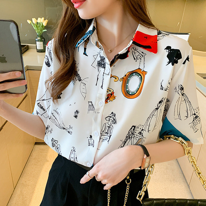 Short Sleeves Chic Cartoon Prints CHIFFON Shirt BLOUSE Soft