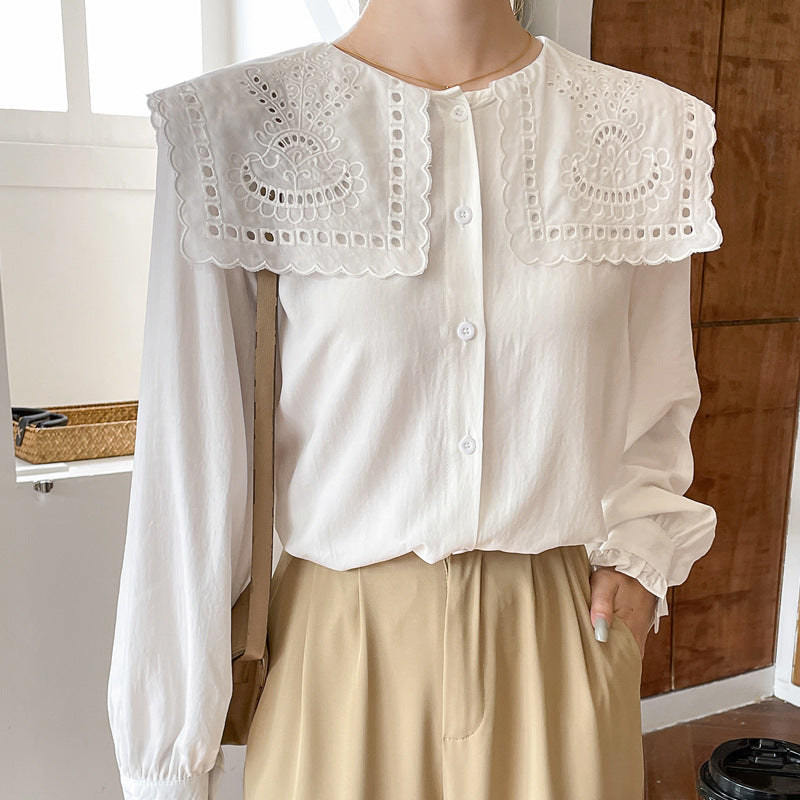 White Lace Wide Collars Vintage Style Satin Soft Silky Shirt