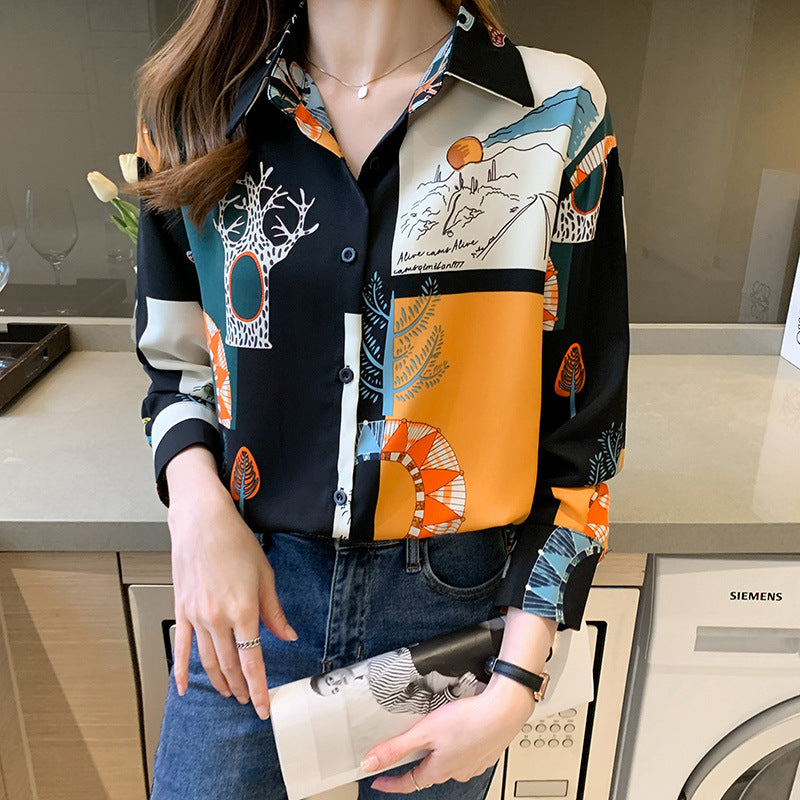 Trees Contrast Colors Vintage Style Satin Soft Silky Shirt