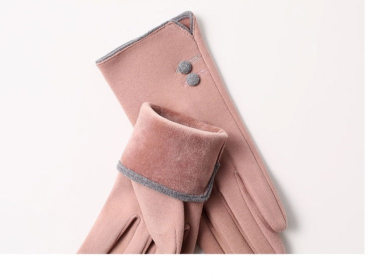 Buttons Contrast Colors Ladies Fleece Touch Screen Warm Winter Thermal Faux Fur Lined Button Gloves UK