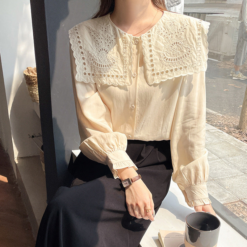 White Lace Wide Collars Vintage Style Satin Soft Silky Shirt