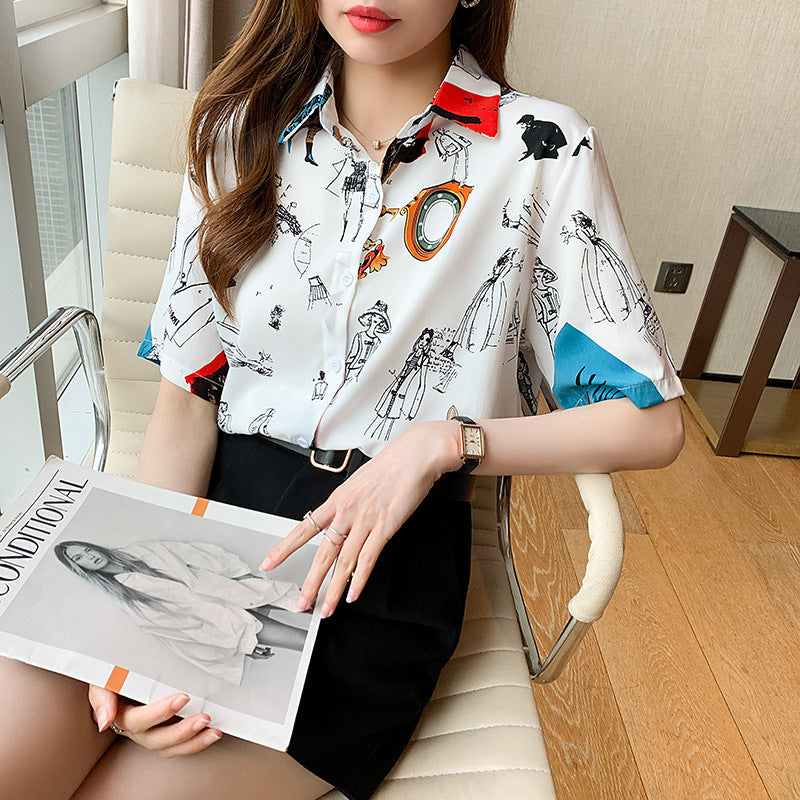 Short Sleeves Chic Cartoon Prints CHIFFON Shirt BLOUSE Soft