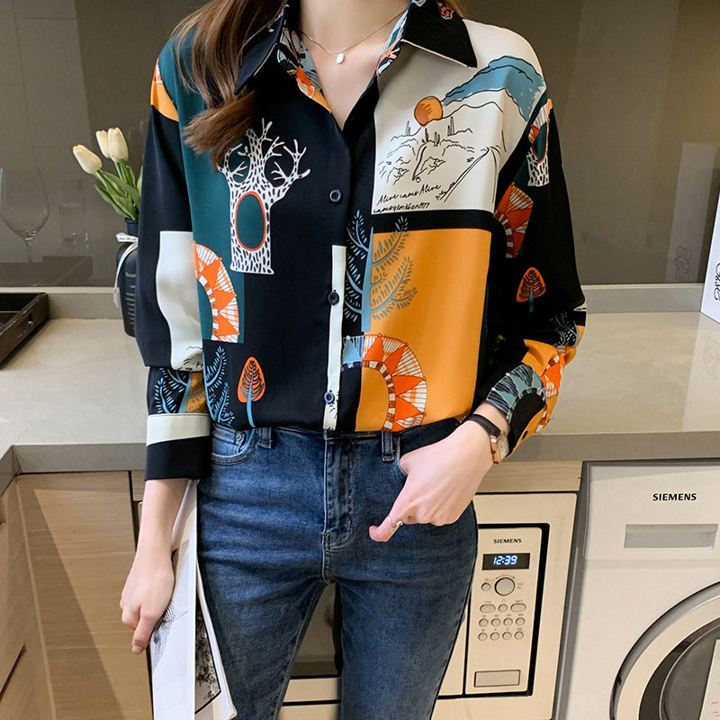 Trees Contrast Colors Vintage Style Satin Soft Silky Shirt