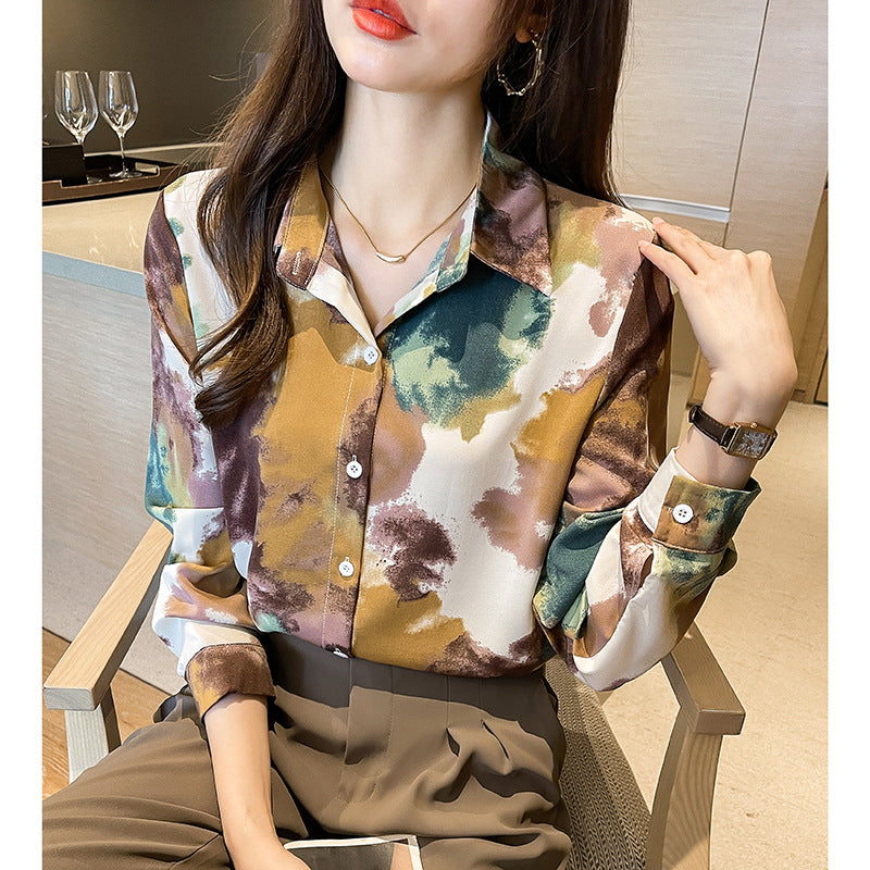Contrast Colors Clouds Print Satin Shirt Soft Silky Blouse
