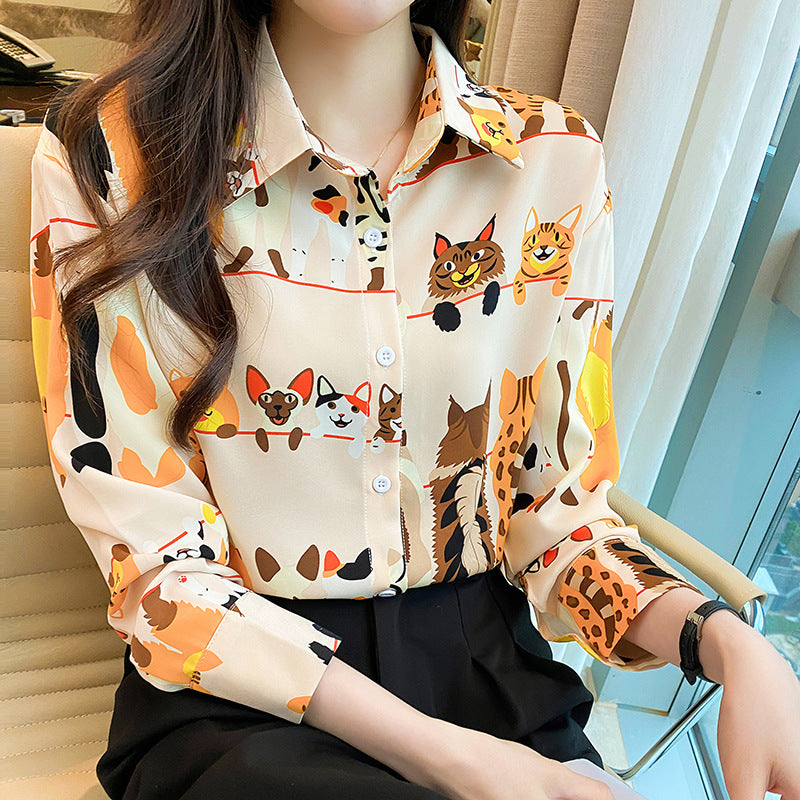 Funky Cats Dogs Orange Vintage Style Satin Soft Silky Shirt