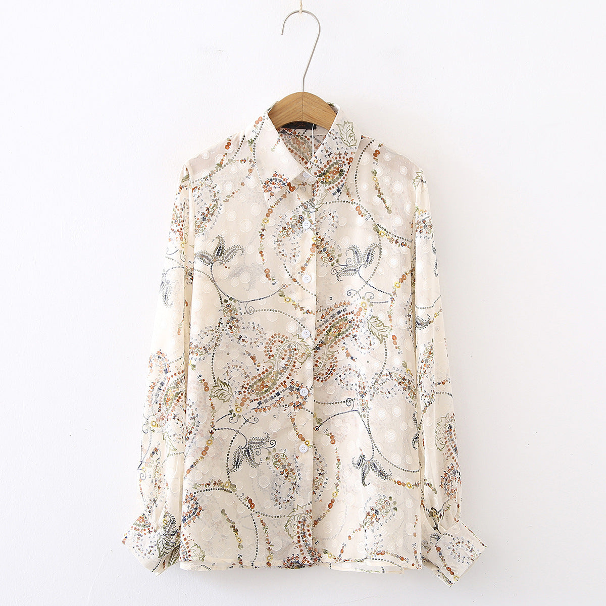 Cream Black Floral Print Flowers Vintage Style Semi Transparent Satin Soft Silky Shirt