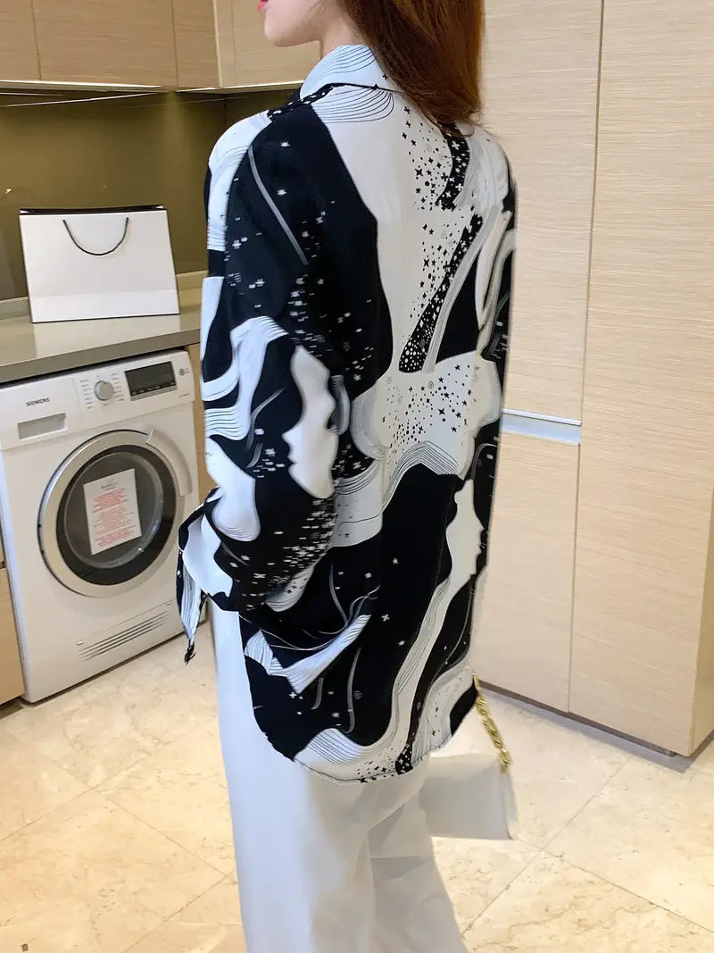 Stars Space Black White Vintage Style Satin Soft Silky Shirt