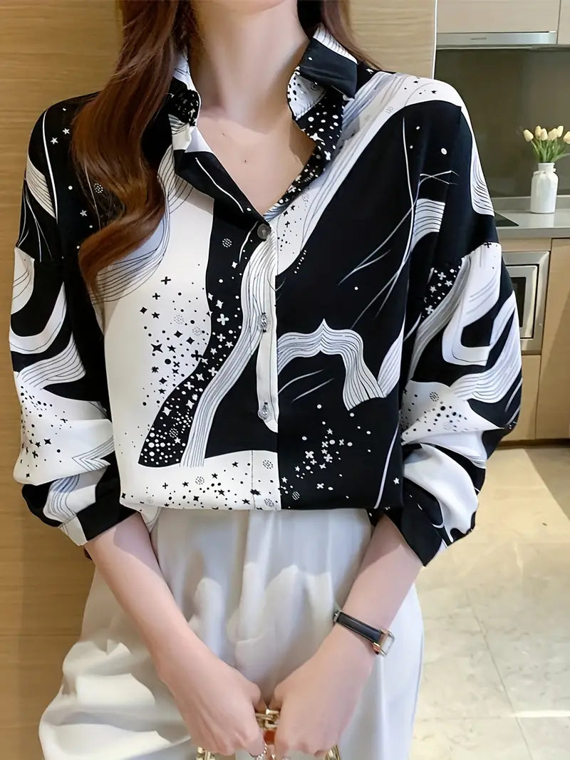 Stars Space Black White Vintage Style Satin Soft Silky Shirt