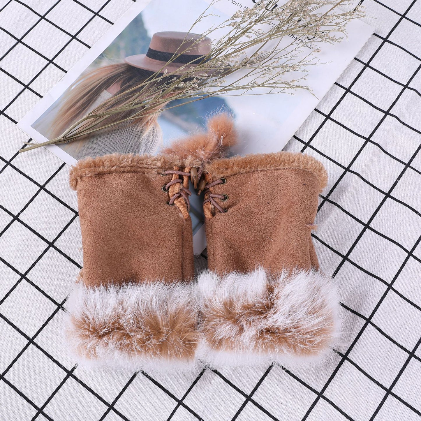 Women Winter Fingerless Suede Fur Gloves Mittens Soft Warm Fleece Lined UK