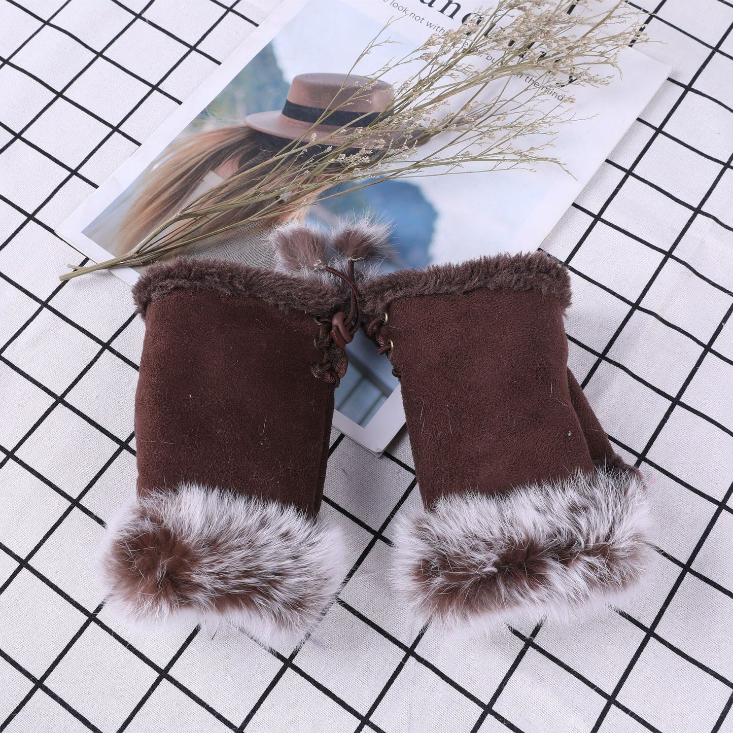 Women Winter Fingerless Suede Fur Gloves Mittens Soft Warm Fleece Lined UK