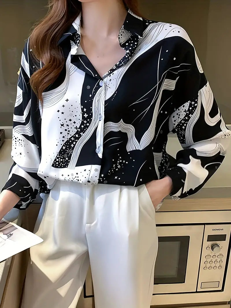 Stars Space Black White Vintage Style Satin Soft Silky Shirt