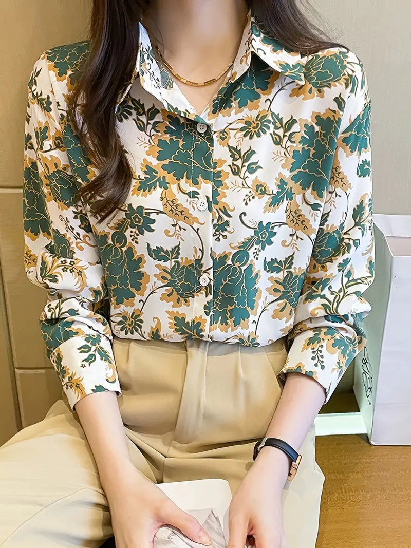 Green Flowers Floral Vintage Style Satin Soft Silky Shirt