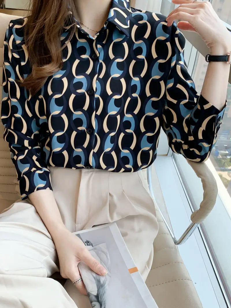 Blue Chain Vintage Style Satin Soft Silky Shirt