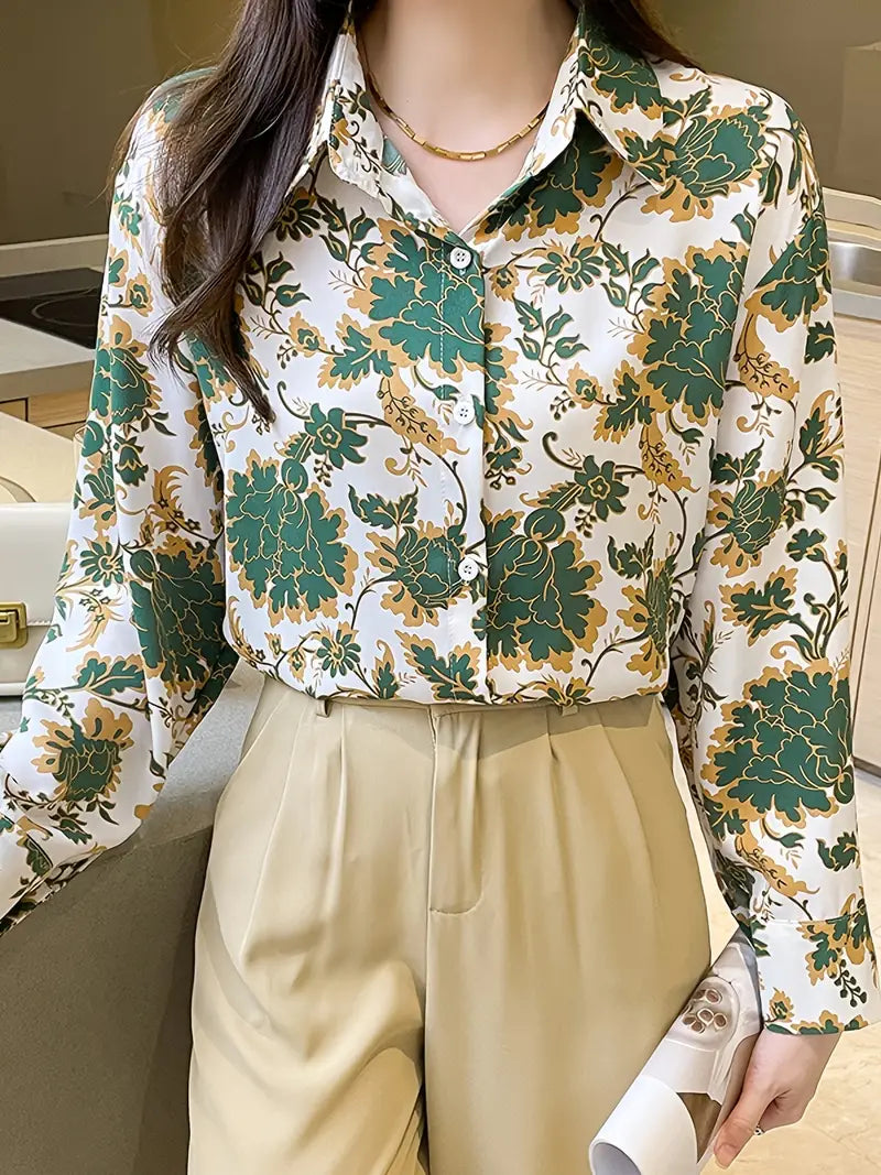 Green Flowers Floral Vintage Style Satin Soft Silky Shirt