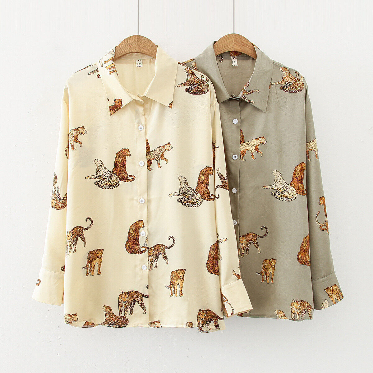 Silky Leopard Tiger Green Animal Print Satin Shirt Soft Silky Animal Print UK