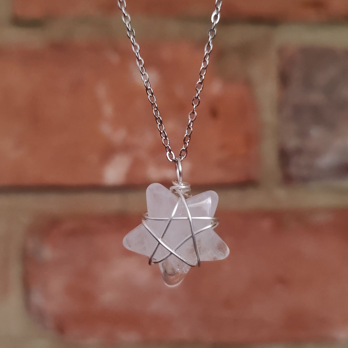 Silver Stars Wire Wrapped Natural Crystal Stone Necklace