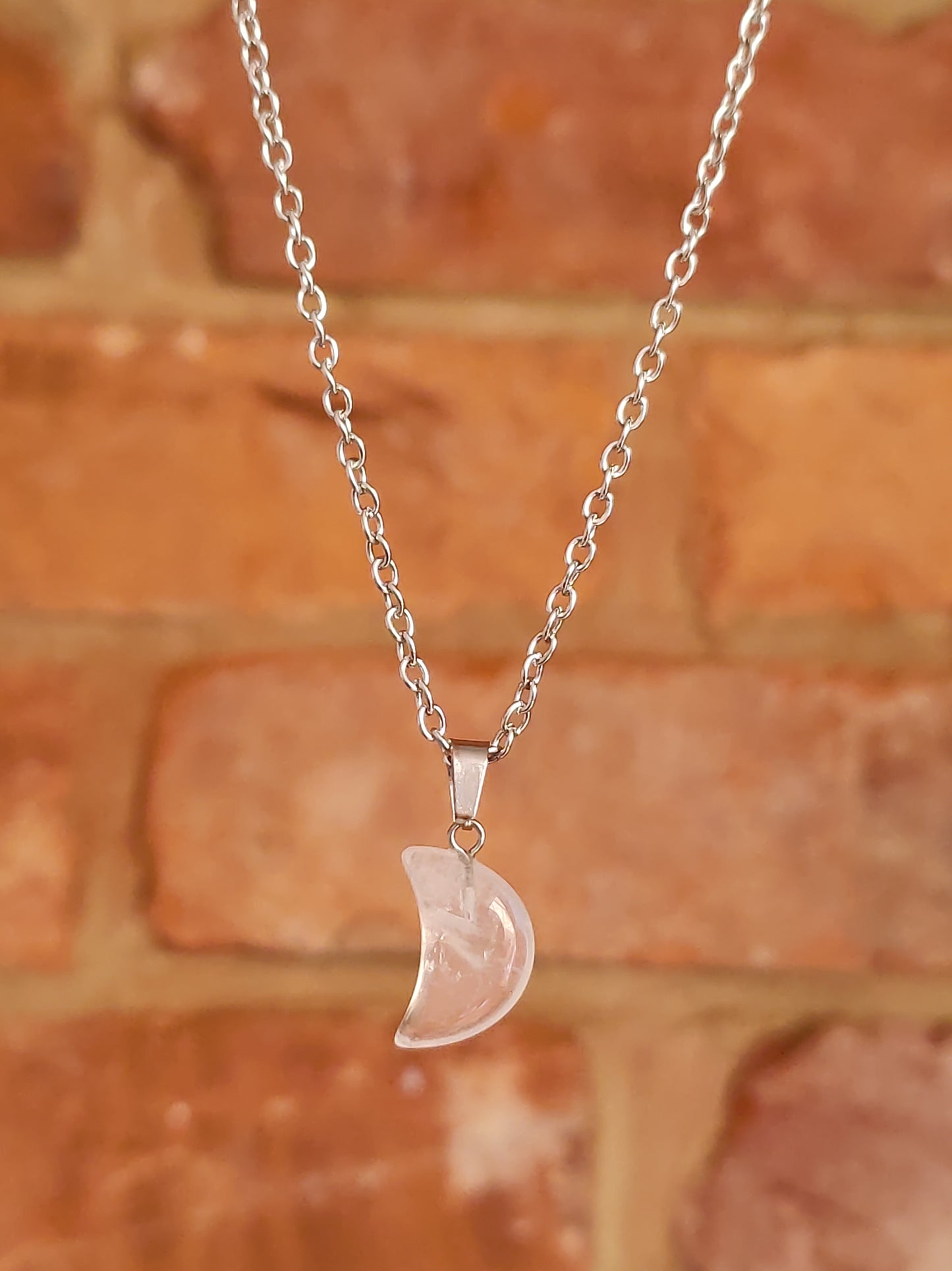 Sodalite Moon Shaped Smooth Surface Natural Crystal Stone Pendant Necklace Silver Chain Hand Made