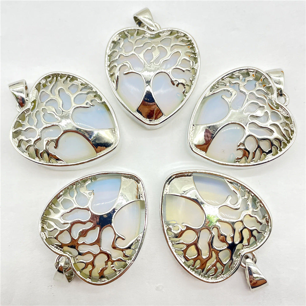 Heart Shape Tree of Life Mounted Aventurine Green Crystal Pendant Necklace Natural Stone Positive Energy Chakra Pendants Silver Chain