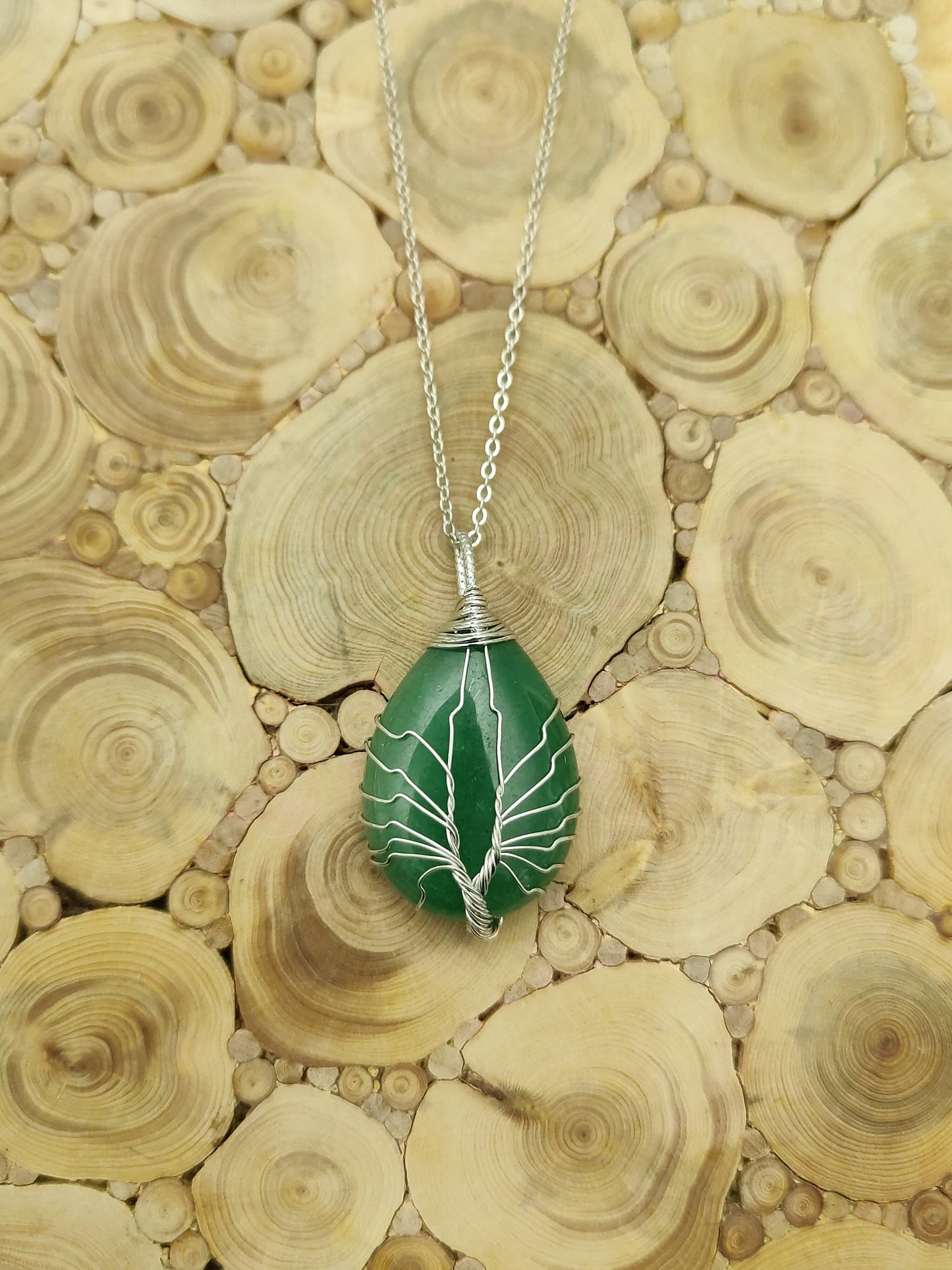 Green Aventurine Hand Wired Rain Drop Tree of Life Crystal Necklace Healing Gemstone Jewellery Natural Stone Boho Gift Crystal point