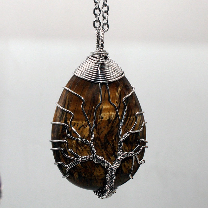 Tiger's Eye Hand Wired Rain Drop Tree of Life Crystal Necklace Healing Gemstone Jewellery Natural Stone Boho Gift Crystal point