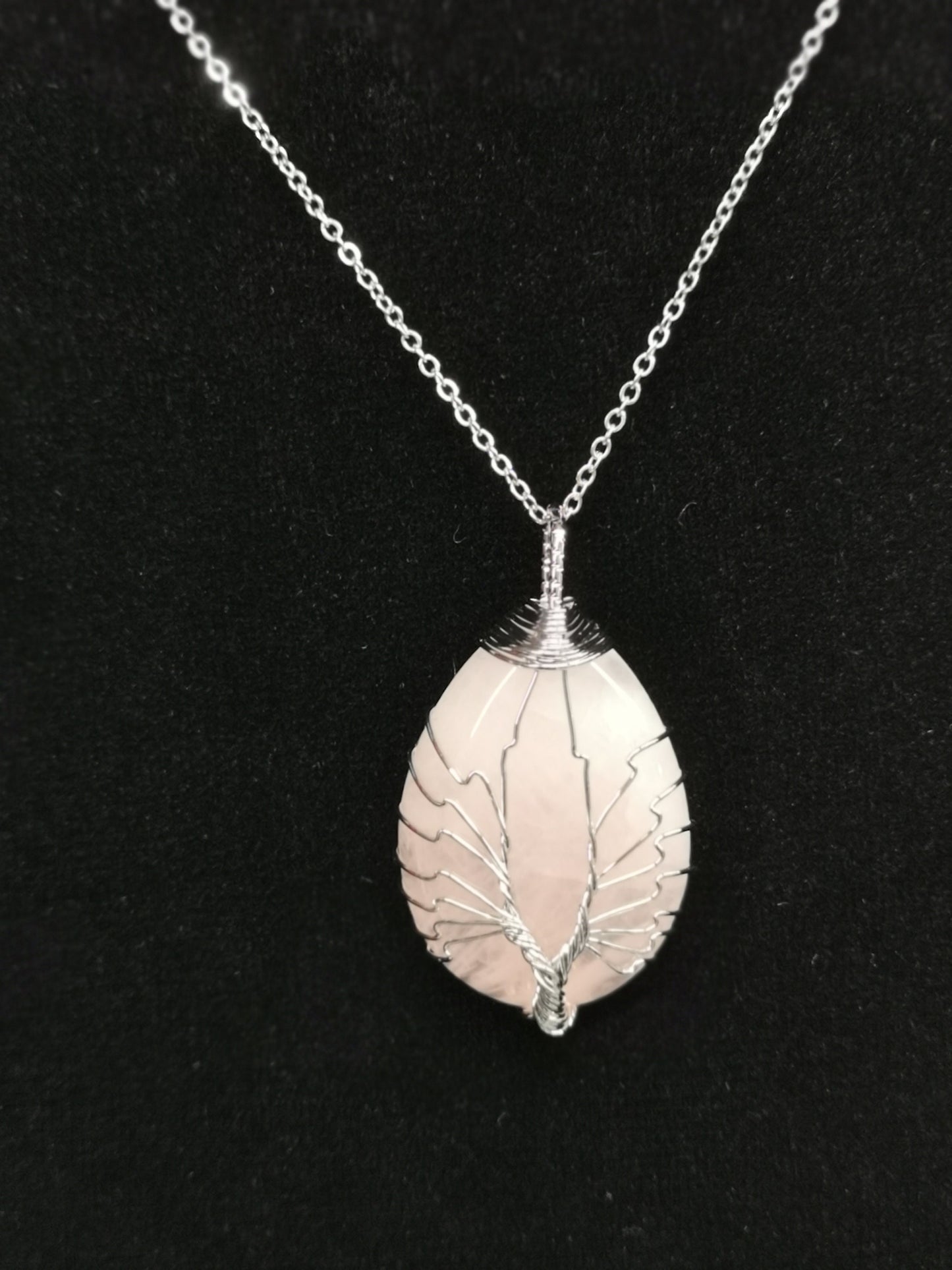 Rose Quartz Hand Wired Rain Drop Tree of Life Crystal Necklace Healing Gemstone Jewellery Natural Stone Boho Gift Crystal point