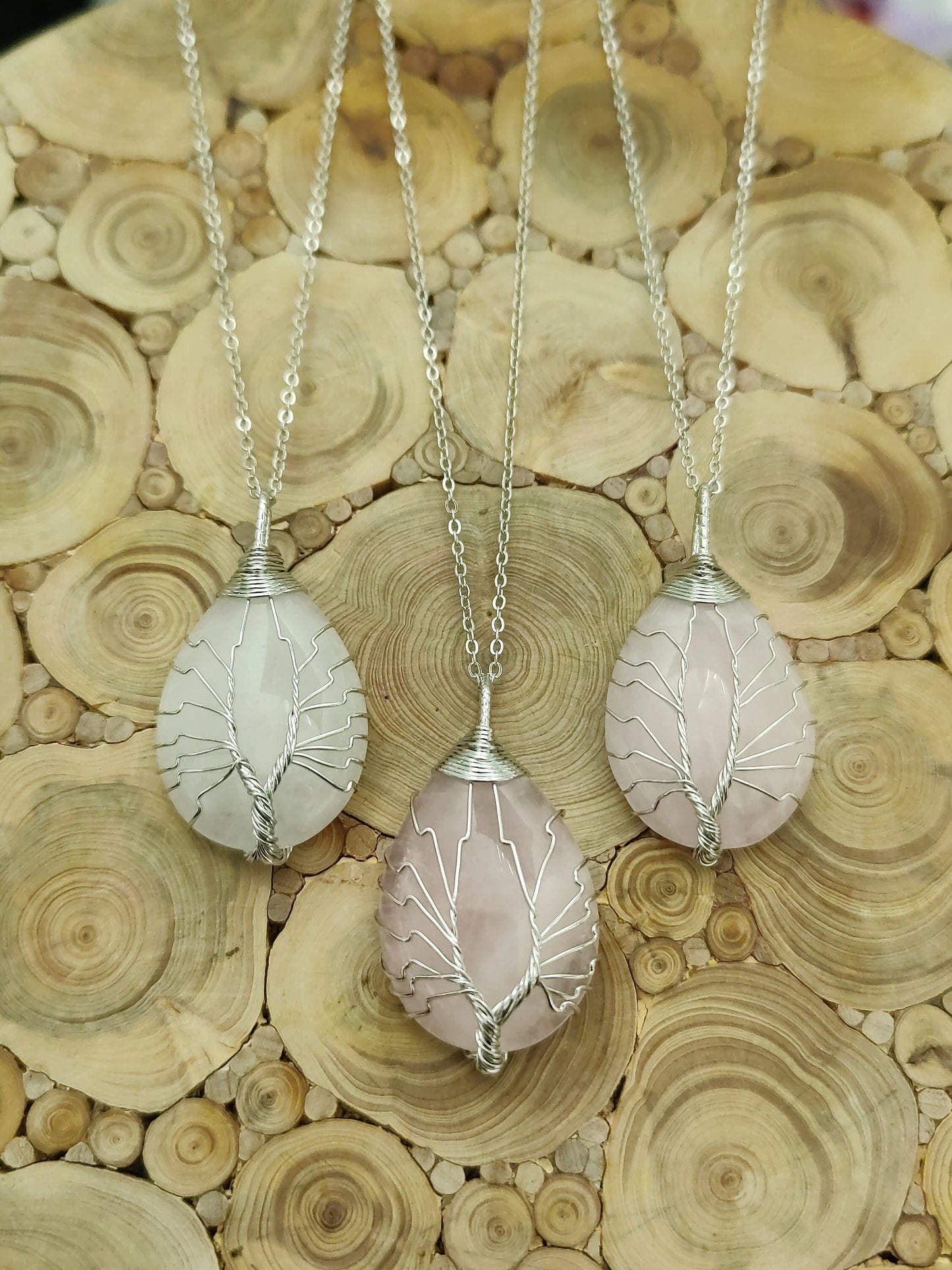 Rose Quartz Hand Wired Rain Drop Tree of Life Crystal Necklace Healing Gemstone Jewellery Natural Stone Boho Gift Crystal point