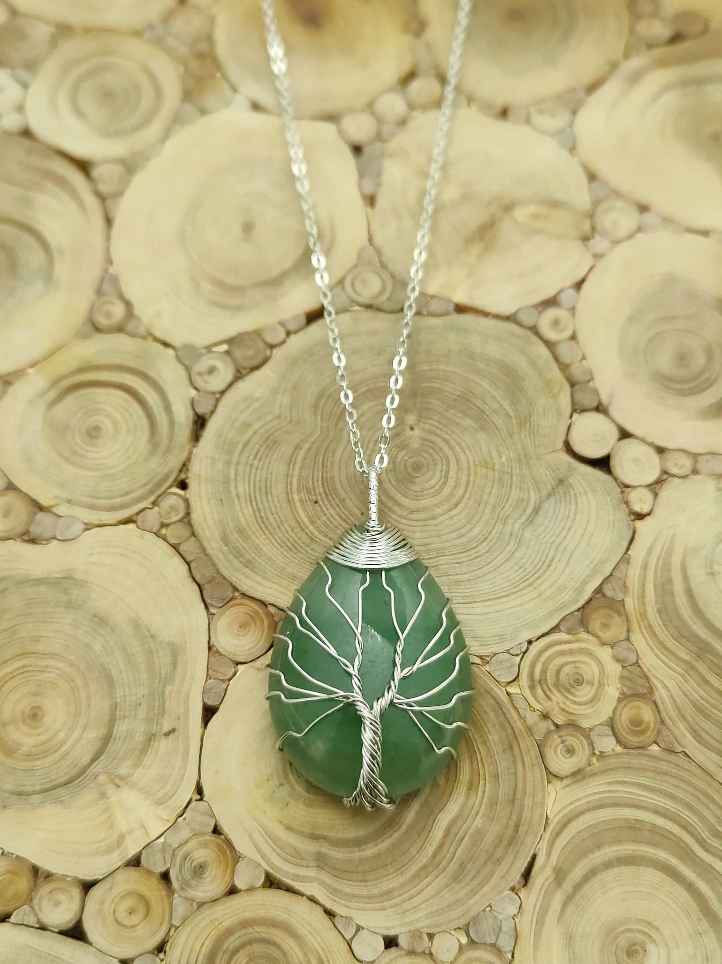 Green Aventurine Hand Wired Rain Drop Tree of Life Crystal Necklace Healing Gemstone Jewellery Natural Stone Boho Gift Crystal point