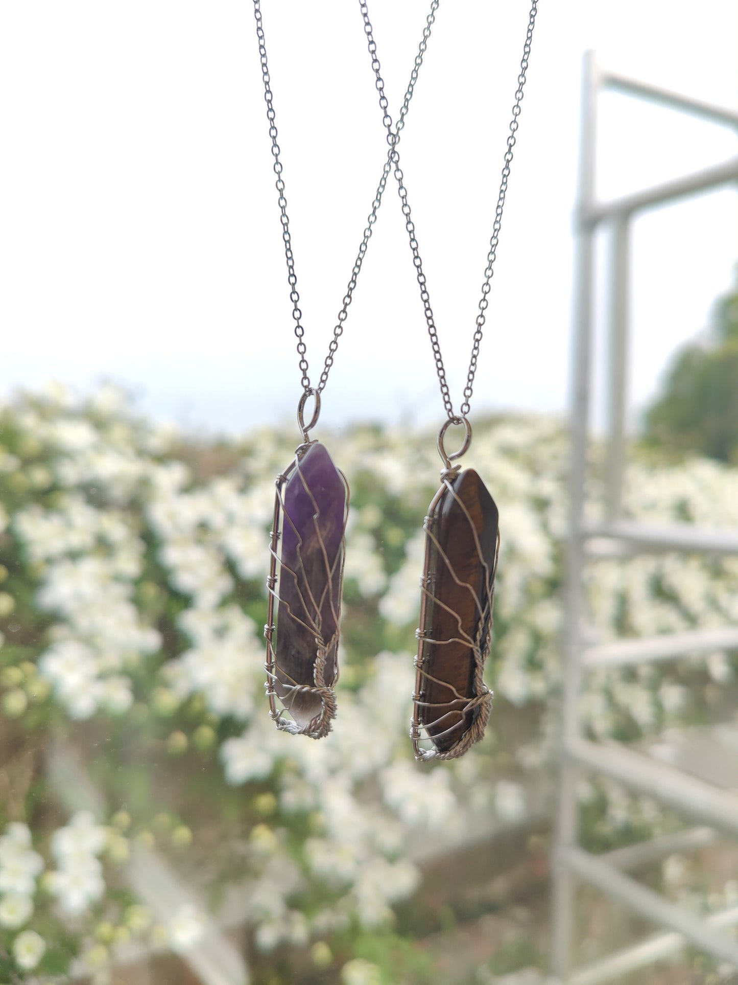 Hand-wired silver Life of tree Crystal Stone Necklace Clear Quartz Rose Quartz Aventurine Green