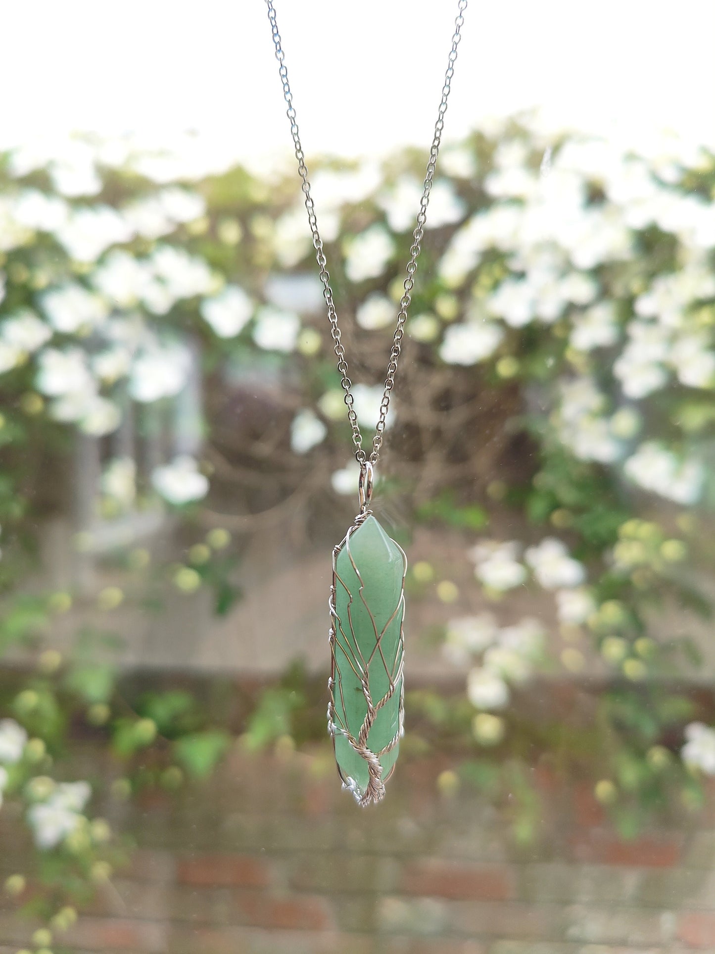 Hand-wired silver Life of tree Crystal Stone Necklace Clear Quartz Rose Quartz Aventurine Green