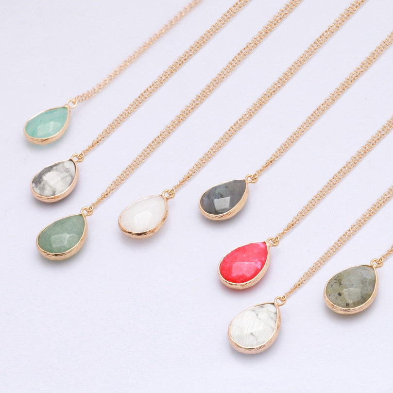 Gold crystal necklaces Water drop shapes diamond cuts Turquoise Rose Quartz