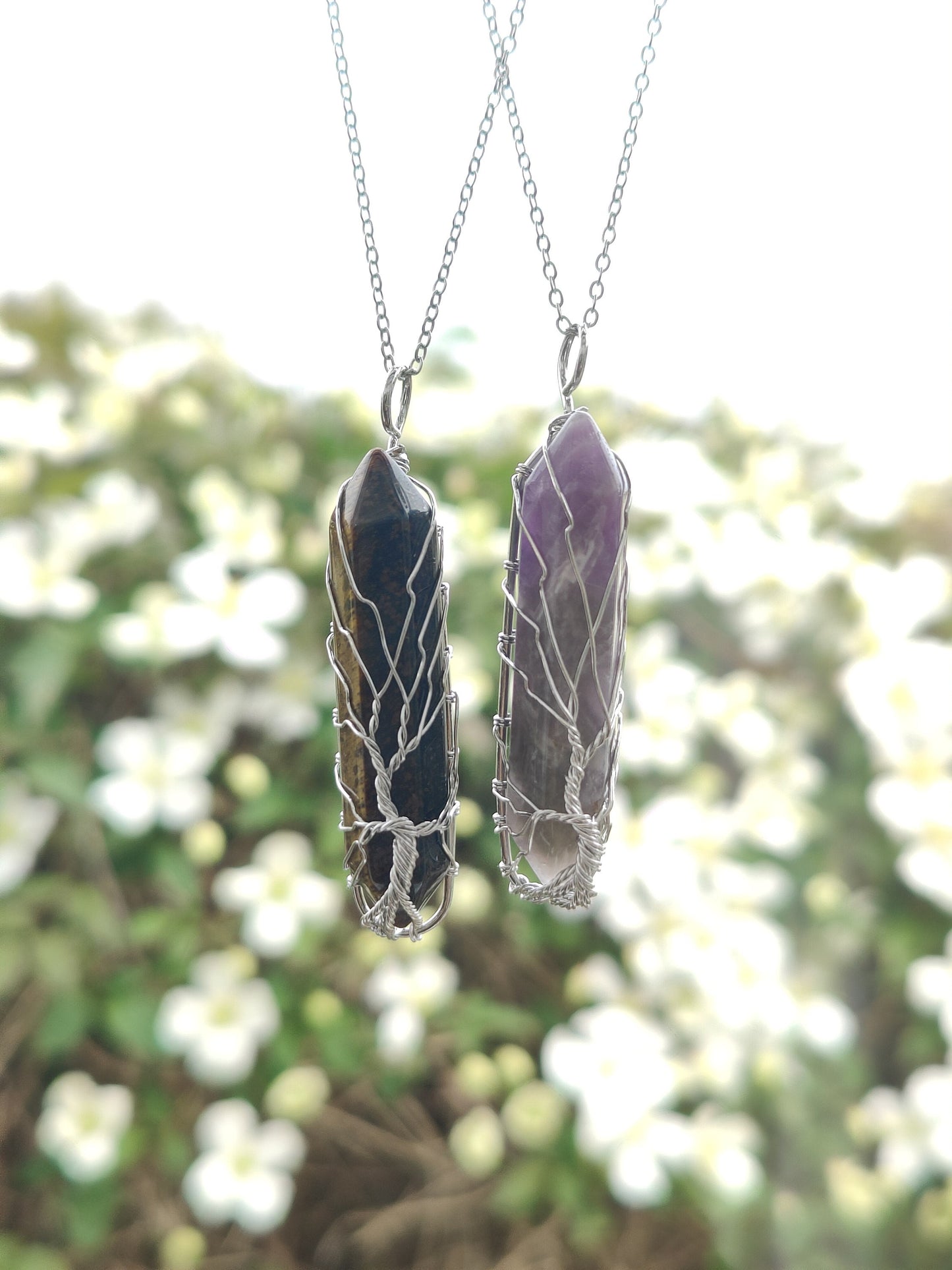 Hand-wired silver Life of tree Crystal Stone Necklace Clear Quartz Rose Quartz Aventurine Green