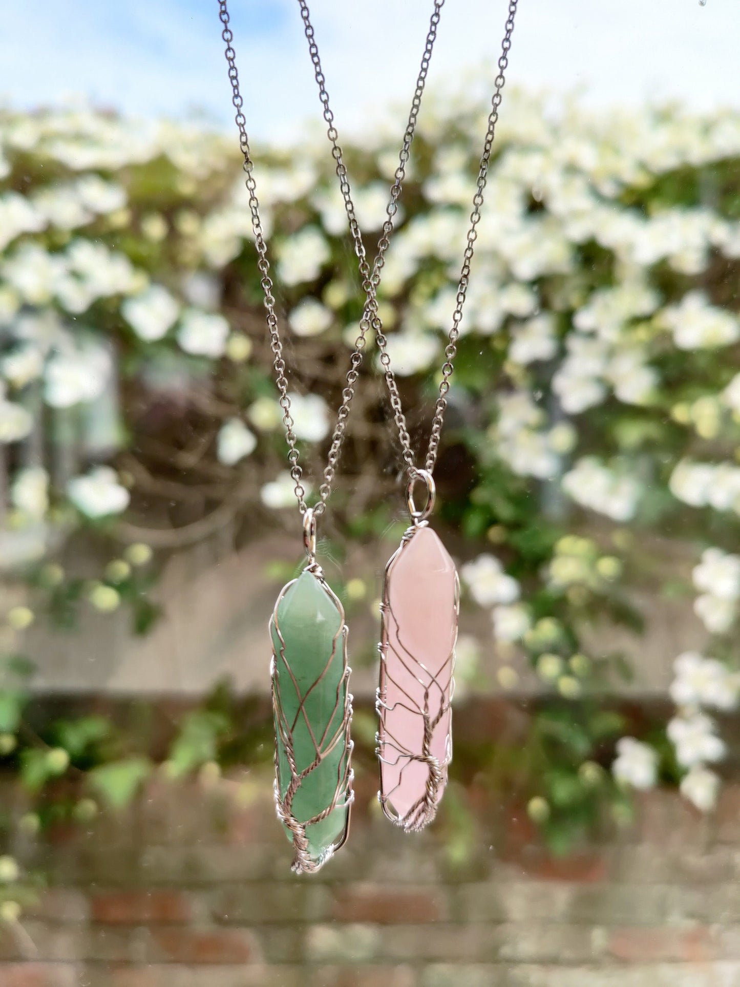 Hand-wired silver Life of tree Crystal Stone Necklace Clear Quartz Rose Quartz Aventurine Green