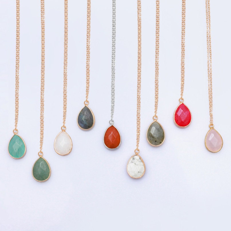 Gold crystal necklaces Water drop shapes diamond cuts Turquoise Rose Quartz