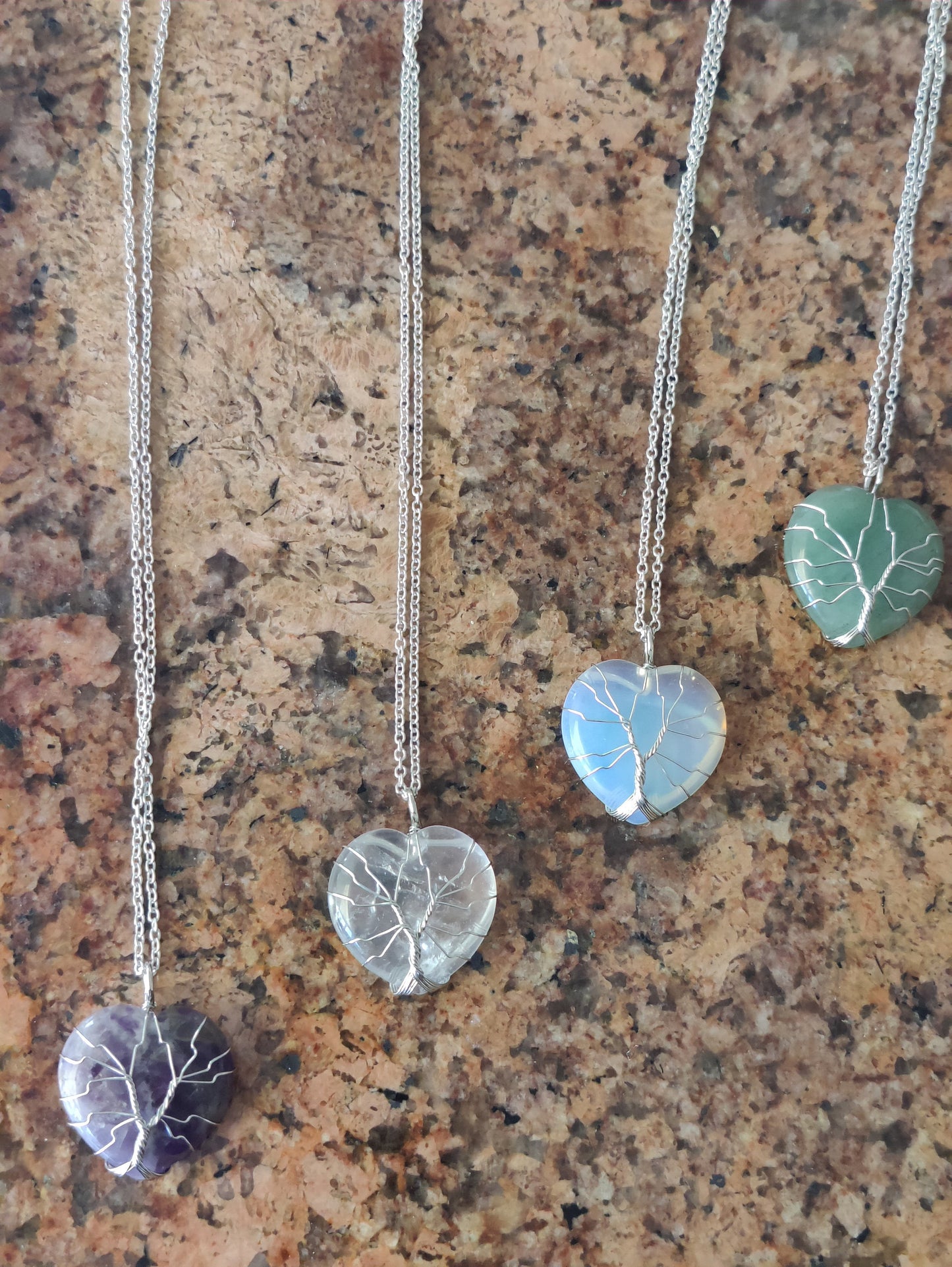 Silver Heart Hand Wired Crystal Chakra Natural Stone Crystal Necklace Pendants Amethyst Rose Quartz Aventurine Clear Crystal Quartz Opal